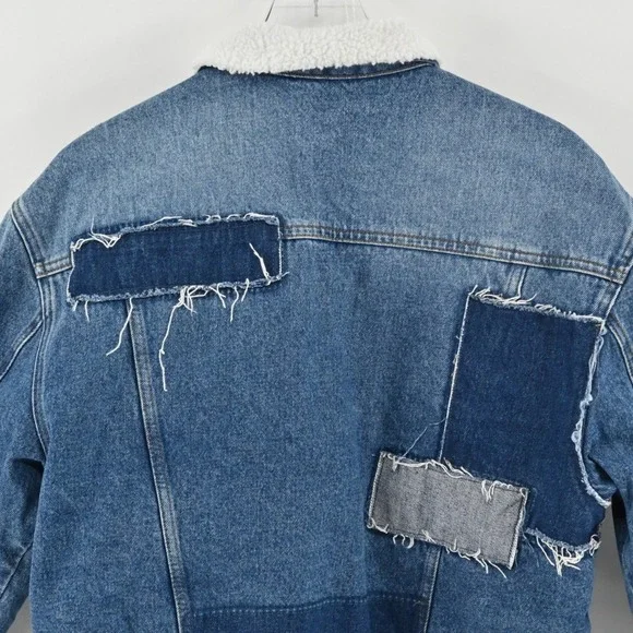 Sandro David Denim Jacket Womens Sz 36 Blue Faux Shearling Trimmed Trucker Jean - Picture 13 of 16